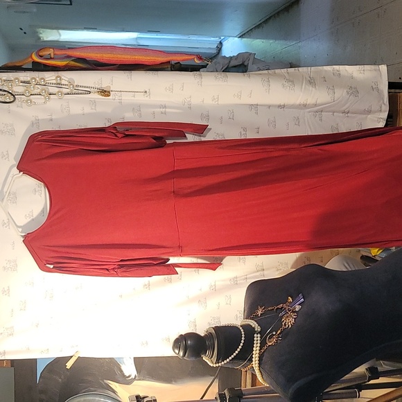 Express Red Satin look Open Tie Sleeve Slit Maxi Dress - Picture 2 of 9